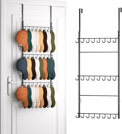 HapiRm Over Door Hat Rack - 3 Tier Wall Mounted Hat Organizer with 24 Hooks, Baseball Cap Organizer Storage Holds up to 24 Caps for Door, Bedroom, Closet