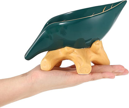 JUXYES Ceramic Soap Dish Holder Self Draining, Unique Waterfall Soap Dish Leaf Shape Decorative Soap Dish Tray Tabletop Drainable Soap Saver Bathtub Waterfall Soap Dish Holder for Bathroom Shower