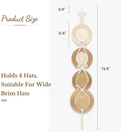 Dahey Macrame Hat Hangers Hat Rack for Wall Cowboy Hat Organizer Hanging Display Hand Weaving Bobo Hat Holder Western Decor for Wide Brim Hats Bowler Fedora Hats, 4 Hat Style