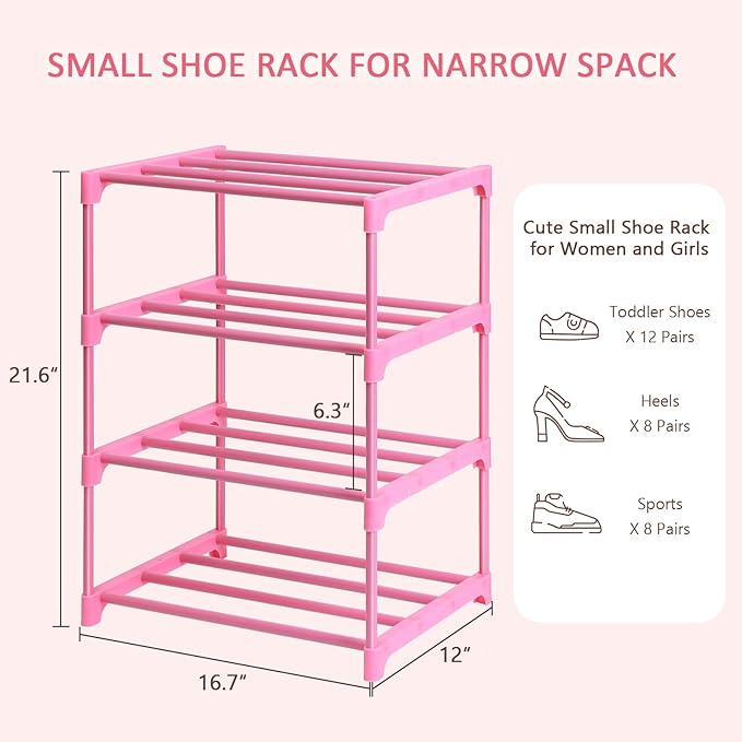 LNYZQUS Small Kids Shoe Rack, 4 Tier Pink Shoe Organizer Shoe Shelf for Closet,Stackable Narrow Shoe Stand Slim Zapateras Organizer,Cute Toddler Shoe Rack Floor for Women & Girls-Full Pink