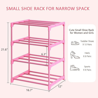 LNYZQUS Small Kids Shoe Rack, 4 Tier Pink Shoe Organizer Shoe Shelf for Closet,Stackable Narrow Shoe Stand Slim Zapateras Organizer,Cute Toddler Shoe Rack Floor for Women & Girls-Full Pink