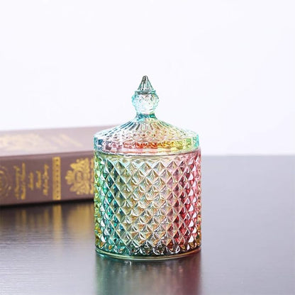 Colorful Home Decorative Jar Qtips Holder Dispenser Glass Storage Container Bathroom Counter Vanity Organizer for Bath Salts/Swabs/Rounds Makeup Sponges Toothpick Jewelry(Rainbow, 10 oz)