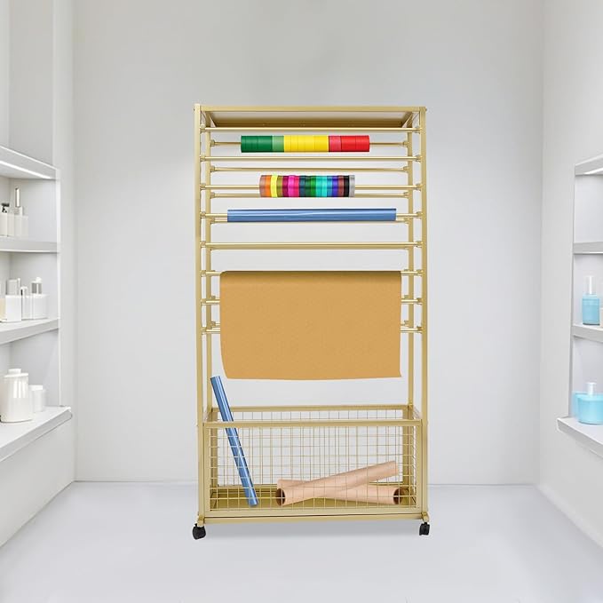 Commercial Ribbon Holder Organizer w/ 16 Rods & Locking Wheels - 59" Mobile Craft Storage for Florists, 4-Tier w/Mesh Basket (Gold, 31.5 * 12.6 * 59.06in)