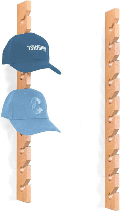 Solid Wood Hat Rack for Wall (2 Pack) - 20 Baseball Cap Organizer - Premium Beech Hat Holder & Vertical Display - Heavy Duty Hat Hangers for Closet, Door, Mens Room Decor (Natural)