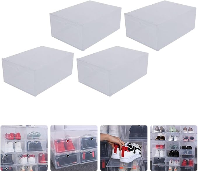 Housoutil 4pcs Pp Plastic Shoe Storage Boxes Drawer-style Stackable Shoe Organizer for Home Closet and Entryway