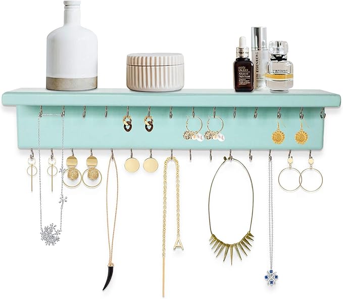 SANY DAYO HOME Jewelry Organizer with 30 Hooks and Cosmetics Shelf, 15 x 3 x 4 inches Wall Mounted Rustic Pine Wood Holder for Necklaces and Bracelets, Suitable for Kids and Adults (Aqua)