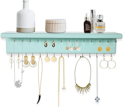 SANY DAYO HOME Jewelry Organizer with 30 Hooks and Cosmetics Shelf, 15 x 3 x 4 inches Wall Mounted Rustic Pine Wood Holder for Necklaces and Bracelets, Suitable for Kids and Adults (Aqua)