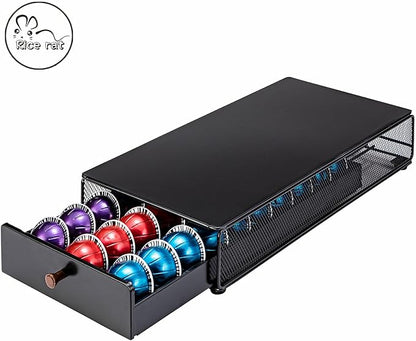 Coffee Pod Drawer Organizer for Nespresso Vertuo, 30 Pods Coffee Pod Holder, Coffee Pods Organizer with Mesh Shelves Black Metal