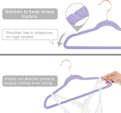 MIZGI Kids Velvet Hangers,Non-Slip Big Kids Hangers,14 Inch Hangers for Youth,Teen Clothes,Pack of 50（Light Purple/Rosegold）