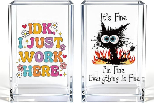 Funny Black Cat Work 2 Pack Acrylic Cosmetic Pencil Pen Holder Cup, Cute Office Pen Holder for Desk, Funny Work Burnout Gifts for Coworker Friend, Office Sarcastic Gifts for Women Colleague Boss