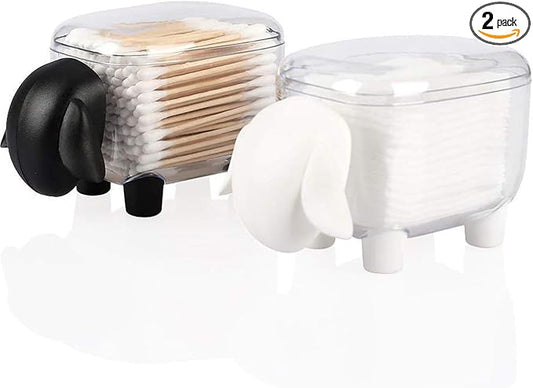 2-Pack Sheep Acrylic Cotton Ball & Qtip Dispenser with Lid | Adorable Sheep-Shaped Vanity Organizer Canisters for Bathroom Countertops | Stylish Black/White Set - Gift