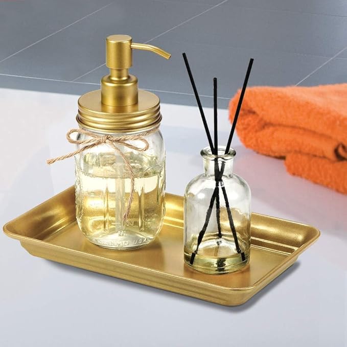 Vintage Farmhouse Decor Metal Vanity Tray (1 Pack), Countertop Guest Hand Towel Storage Tray Dispenser Organizer, Sturdy Bathroom Holder for Perfume, Cosmetics, Jewelry, Makeup (Gold
