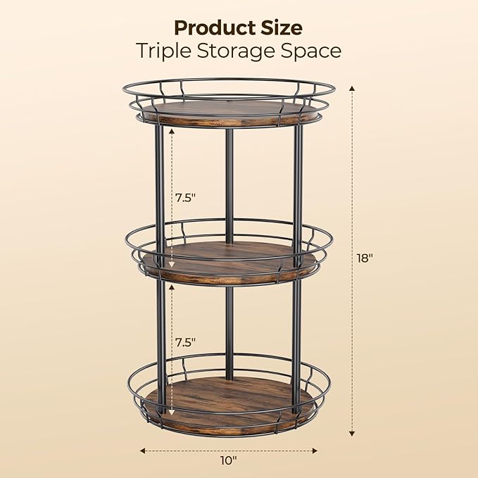 LAMU 10'' Lazy Susan Turntable Organizer, 3 Tier Round Rotating Spice Rack Organization for Kitchen Cabinet and Countertop, Wooden Lazy Susan for Table Top, Pantry, Bathroom, Vanity, Home Decor
