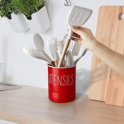 Bivvclaz Kitchen Utensil Holder - 6.7" Utensil Holder for Kitchen Counter - Cooking Utensil Crock with Cork Bottom - Red Decor and Accessories - Countertop Utensil Storage Caddy Organizer