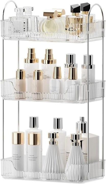 Bathroom Organizer Countertop, Vanity Trays, Skincare Makeup Organizer Shelf, Counter Shelf for Cosmetics, Toiletries, Lotions, Perfumes (3 Tiers, Clear)