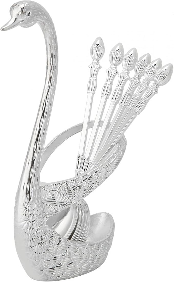 Holder Tableware Storage Stainless Steel Spoon Tableware Kit with Zinc Alloy Swan Shape Holder Storage Organizer (Silver)
