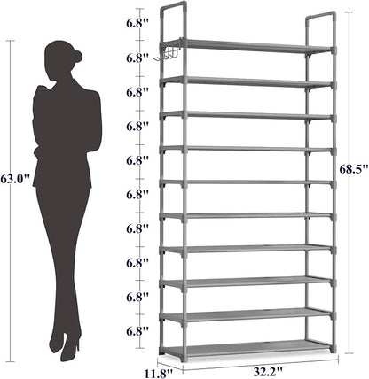 Kitsure Shoe Rack for Closet - 10-Tier Shoe Organizer with Hook Rack, Large-Capacity & Space-Saving Shoe Shelf for Entryway, Bedroom, Living Room,32.2" x 11.8" x 68.5", Gray