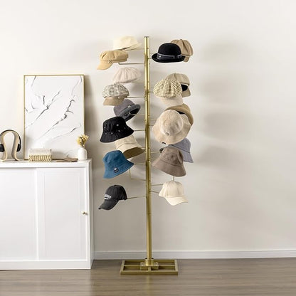 MyGift Freestanding Cowboy Hat Display Rack, 360 Degree Rotating Wig or Baseball Cap Organizer Stand with 20 Customizable Circular Hooks, 6 Foot Height, Brass-Tone Metal