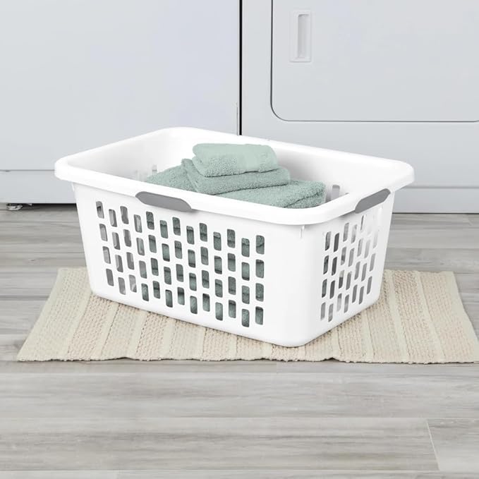 Large Plastic Laundry Basket, Clothes Hamper, Rectangle Bin with Grip Handles, for Home, Dorm, and Apartments, White, 2 Bushel Capacity