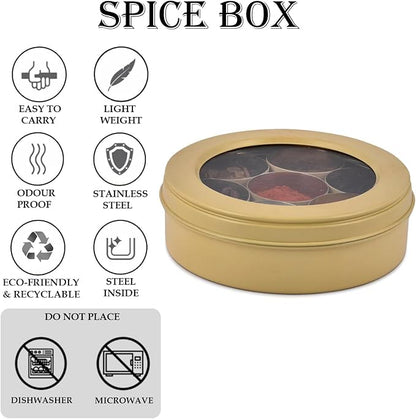 Elan 7 Compartment Multipurpose Air-Tight Stainless Steel See Through Round Colorful Spice Box/Popula Dabba with Lid and Spoon | Daisy Yellow, 1500 ml
