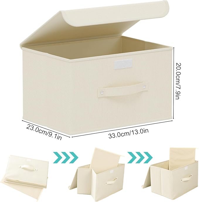 Fabric Storage Bins Cube Organizers with Flip-Top Lid and Handles,Storage Boxes for Organizing Home,Office,and Closet,Beige,5 Pack 13 X 9.1 X 7.9 in