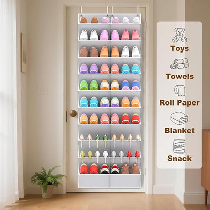 TAKE FIRE Over the Door Shoe Organizer: 10-Tier Clear Pocket Storage for Sneakers, Boots & Heels (20-30 Pairs, Black)