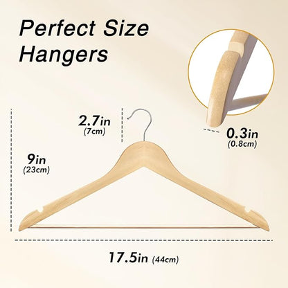 HOUSE DAY Slim Wooden Hangers 10 Pack, Solid Wood Hanger with Non Slip Shoulder Notches & Pant Bar, Smooth Finish Wood Clothes Hangers for Shirts, Suits, Jackets, Natural