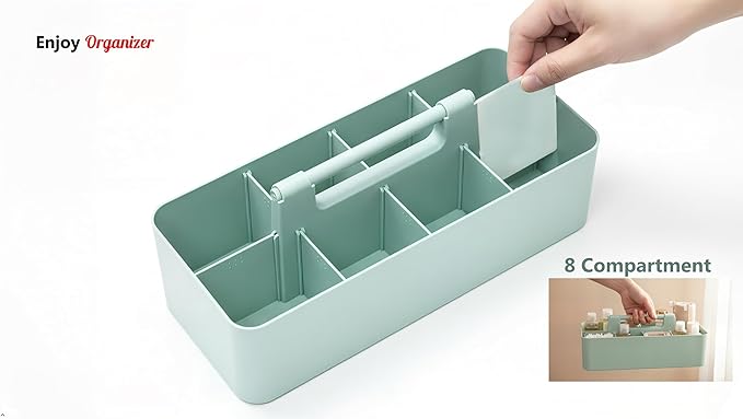 New Plastic Portable Makeup Organizer Caddy Tote Divided Basket Bin with Handle, for Bathroom Storage - Holds Blush Makeup Brushes, Eyeshadow Palette, Lipstick - Extra Large Made In USA (Mint)