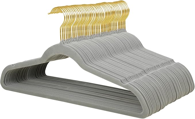 ManGotree Velvet Coat Hangers with 360° Swivel Gold Hook, Non-Slip Felt Suit Hangers, Slim Space Saving Clothes Hanger for Jacket, Sweater, Shirt, Dress, Pants (48 Pack, Grey)