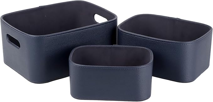 HofferRuffer Faux Leather Storage Baskets Bins with Velvet Lining for Organizing, Storage, Gifts, Set of 3 Nesting Shelf Baskets Decorative Storage Boxes for Home Organization (Blue)