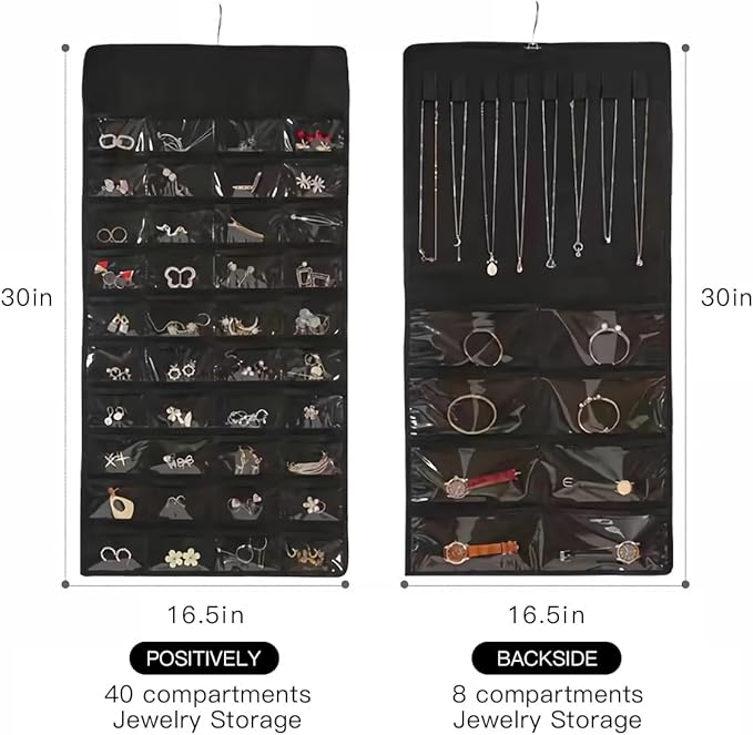 Double Sided Hanging Jewelry Organizer, 48 Pockets Clear Window Large Jewelry Hanging Organizer with Necklace Hanger, Wall/Door/Closet Stud Earring Bracelet Ring Storage
