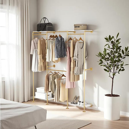 KaKaBB Industrial Pipe Clothing Rack with Shelves, Wall Mounted Gold Corner Clothes Rack, Adjustable Closet System for Walk in Closets, Heavy Duty Metal Garment Organizer (73" W x 84" H)