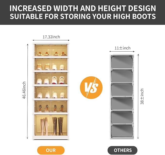 CIMLORD 6-Tier Foldable Shoe Rack Organizer for Closet 12Pairs Plastic Shoe Shelf Collapsible Shoes Storage Box Clear Shoe Boxes Stackable with Door Easy Assembly Shoe Cabinet with Lids Large