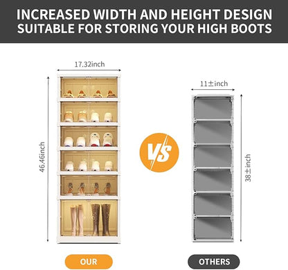 CIMLORD 6-Tier Foldable Shoe Rack Organizer for Closet 12Pairs Plastic Shoe Shelf Collapsible Shoes Storage Box Clear Shoe Boxes Stackable with Door Easy Assembly Shoe Cabinet with Lids Large