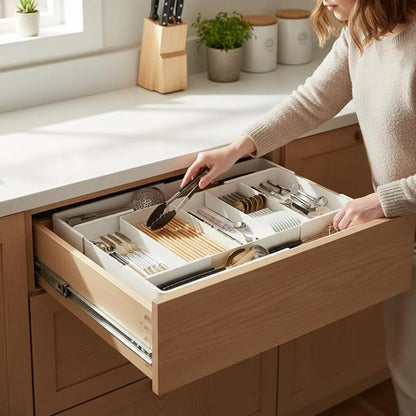 Utensil Organizer for Kitchen Drawers, Expandable Cooking Utensil Tray for Forks,Spoons, Knives,Space-Saving Expandable Cutlery Tray with Dividers, Fits Utensils of Various Sizes for Kitchen