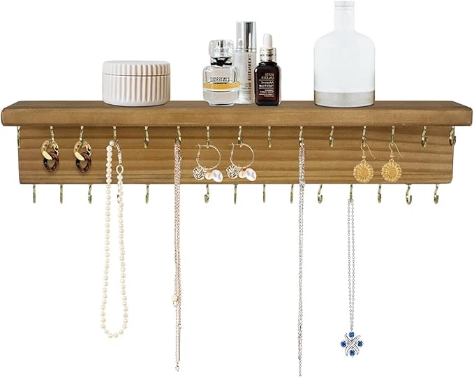 SANY DAYO HOME Jewelry Organizer with 30 Hooks and Cosmetics Shelf, 15 x 3 x 4 inches Wall Mounted Rustic Pine Wood Holder for Necklaces and Bracelets, Suitable for Kids and Adults (Brown)