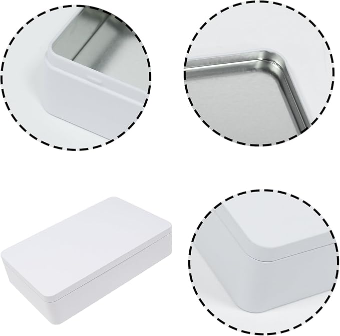 White Metal Tin Box with Lid, 8.5 x 5.3 x 1.9 Inch Rectangular Empty Tin Box for Home Storage