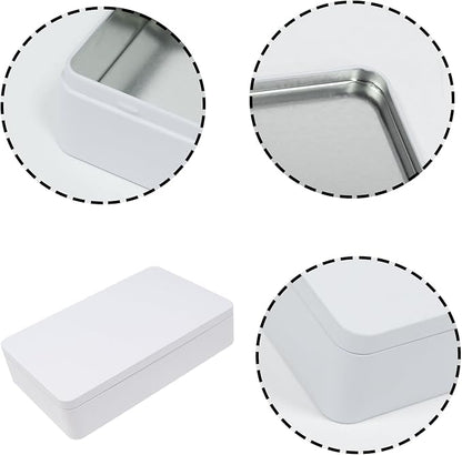 White Metal Tin Box with Lid, 8.5 x 5.3 x 1.9 Inch Rectangular Empty Tin Box for Home Storage