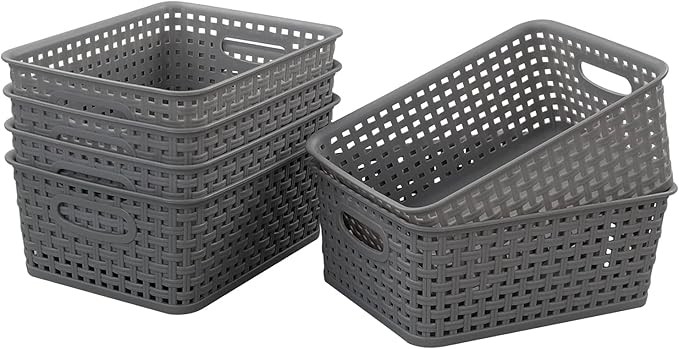Grey Plastic Storage Basket, 10.03" x 7.67" x 4.05", 6 Packs