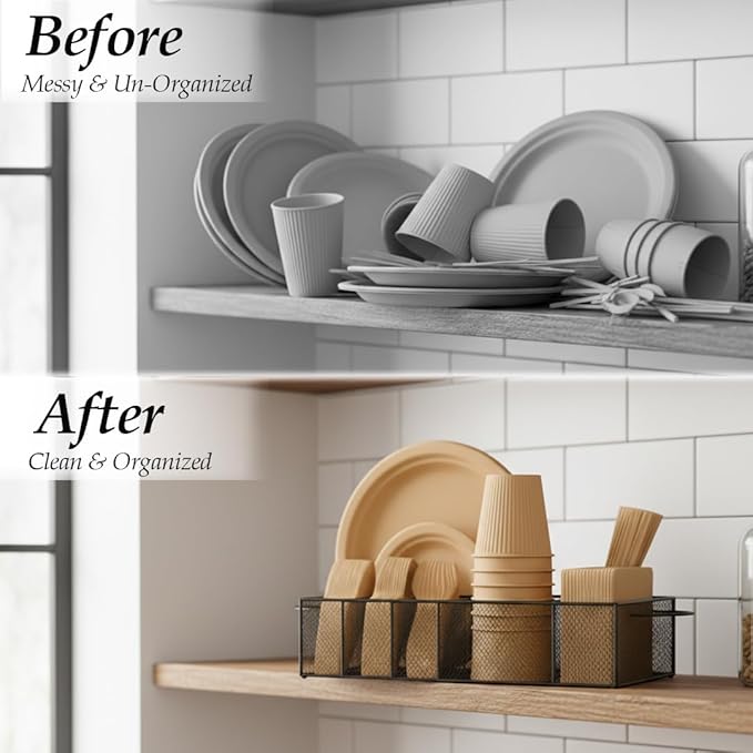 6 Compartment Metal Paper Plate Organizer Caddy for Countertop – Paper Plate & Utensil Holder for Parties, Buffet, Camping, Kitchen Organization & Outdoor Events