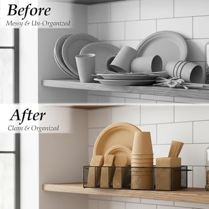 6 Compartment Metal Paper Plate Organizer Caddy for Countertop – Paper Plate & Utensil Holder for Parties, Buffet, Camping, Kitchen Organization & Outdoor Events