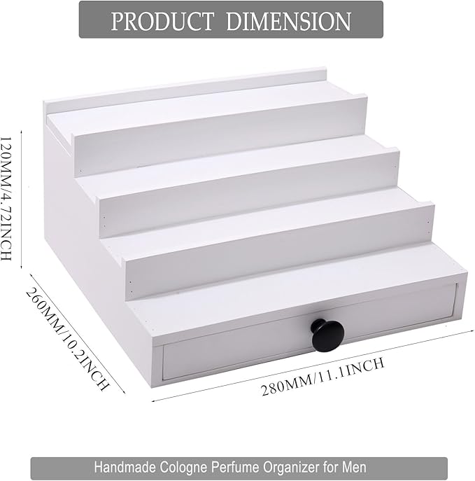 White Cologne Organizer for Men - 4 Tier Wooden Cologne Display Stand with Drawer and Hidden Compartment for Organizing and Storing, Mens Cologne Holder Shelf for Dresser