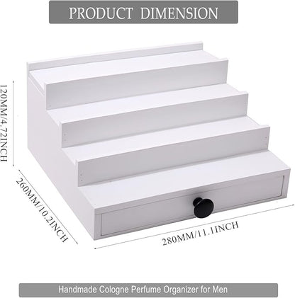 White Cologne Organizer for Men - 4 Tier Wooden Cologne Display Stand with Drawer and Hidden Compartment for Organizing and Storing, Mens Cologne Holder Shelf for Dresser