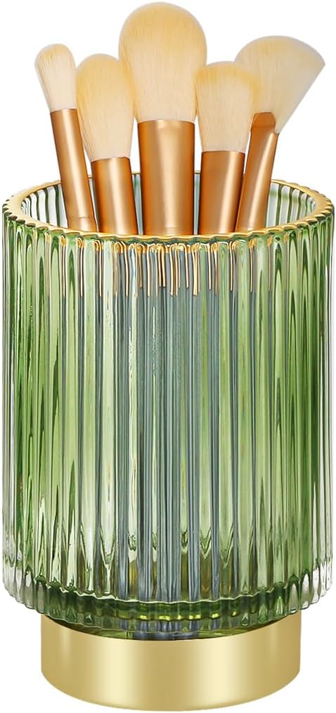 Glass Makeup Brush Holder, Green Makeup Brush Holder for Vanity, Toothbrush Holders for Bathrooms, Desktop Makeup Organizer for Cosmetic, Brushes, Pen, Pencil