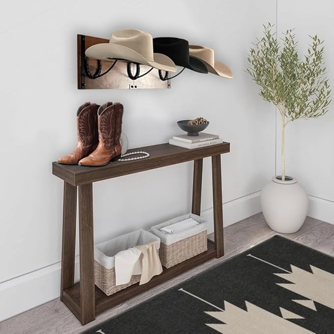 Cowboy Hat Rack For Wall Mount (34.6” x 10.1” x 13.5”) | Wood Cowboy Hat Holder | Hanging Western Hat Rack w/Metal Accents | Customizable Hat Organizer w/Handmade Horseshoe Mounts