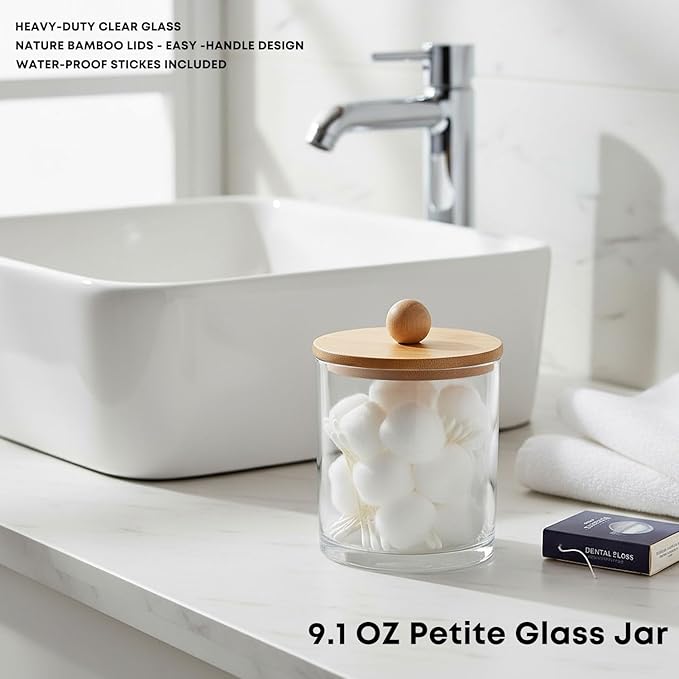 Glass Apothecary Jars with Bamboo Lids for Bathroom Organization, Q tip Holder and Cotton Ball Holder are Great for Farmhouse Decor, Rustic Bathroom Decor-2 Pack