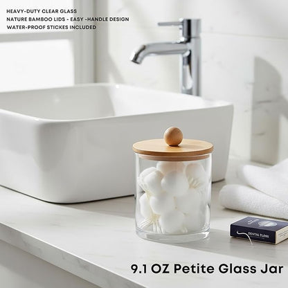 Glass Apothecary Jars with Bamboo Lids for Bathroom Organization, Q tip Holder and Cotton Ball Holder are Great for Farmhouse Decor, Rustic Bathroom Decor-2 Pack