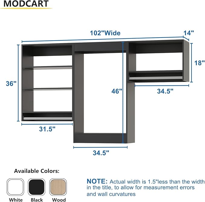 Modular Closet with Wood Tower Storage, 102" Wide Wardrobe Organizer for Walk-in Closets, Wall Mounted Black