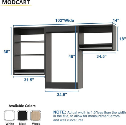 Modular Closet with Wood Tower Storage, 102" Wide Wardrobe Organizer for Walk-in Closets, Wall Mounted Black