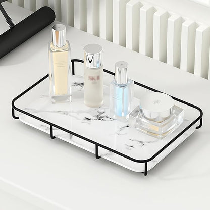 Dobbyby Vanity Tray Makeup Organizer Cosmetics Storage Bathroom Skincare Organizer Countertop Display Rack in Dresser Stainless Steel Shelf Marble Print Ceramic Trays